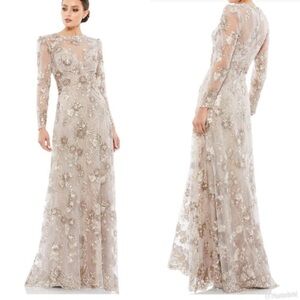 NEW MAC DUGGAL Beige Floral Embroidered Illusion Long Sleeve Evening Gown Sz 8